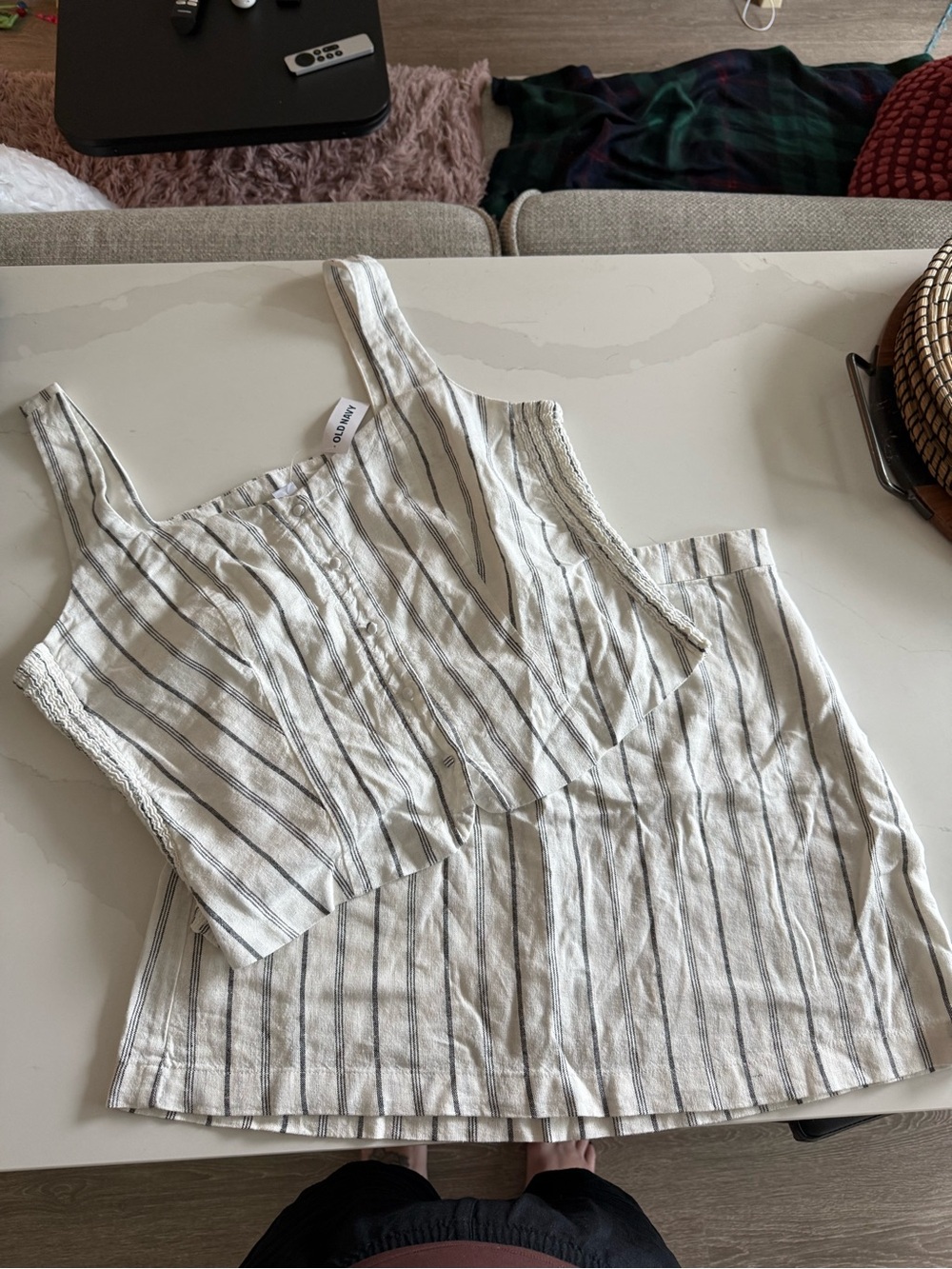 Old Navy Cream and Gray Striped Linen Corset Tank and Skirt Set